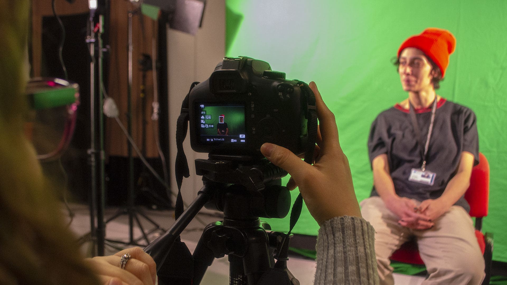 ϲ Creative Media student filming on green screen